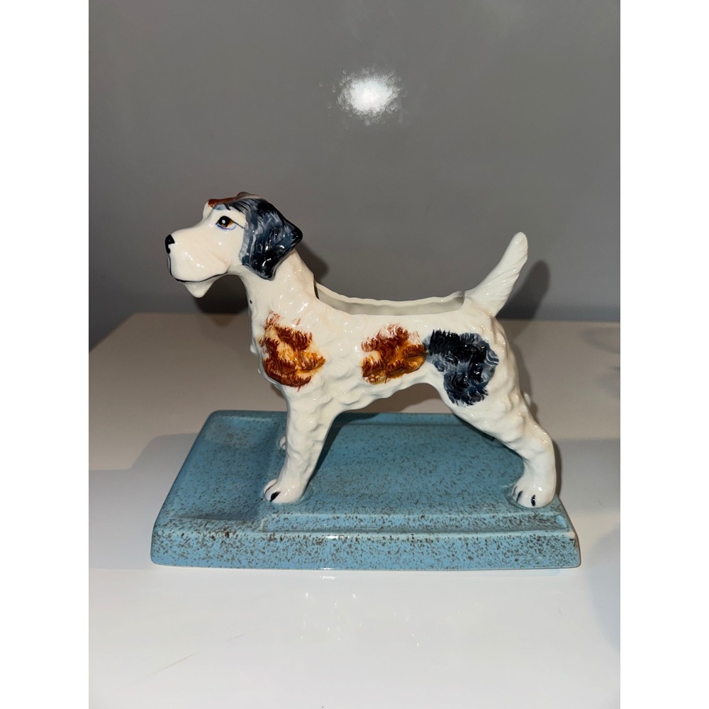 Vintage Ceramic Fox Terrier Dog Planter Figurine Blue Speckled Base Mid Century